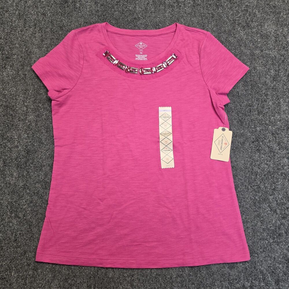 St. John's Bay Embellished Pink Short Sleeve Crewneck Knit Top Womens Sz PS NWT